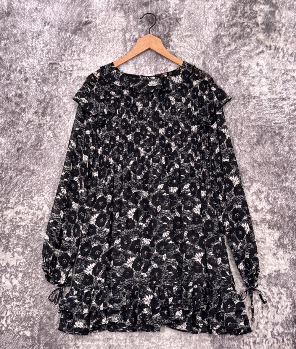 Free People Dress Medium Womens Black Floral Long Sleeve Mini
